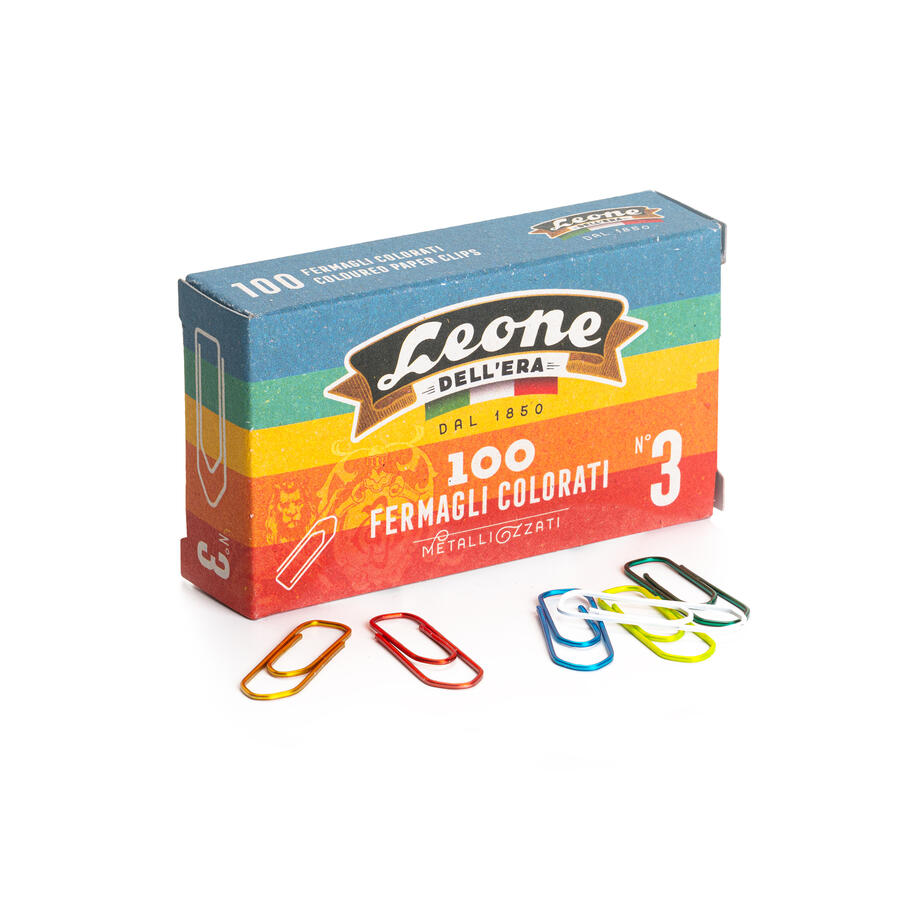 SCATOLA 100 FERMAGLI COLORATI E METALLIZZATI N.3 MM 28 LEONE COLOR - conf. 10 pz