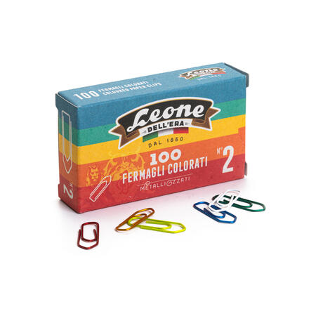 SCATOLA 100 FERMAGLI COLORATI E METALLIZZATI N.2 MM26 LEONE COLOR - conf. 10 pz