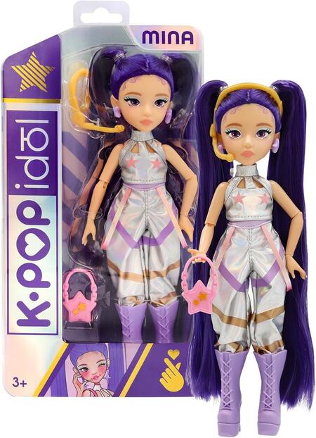 K-POP IDOL Bambola Mina Bambole alla moda Stile K-Pop Starlight, capelli viola con codini. 3 accessori per creare outfit Età 3+