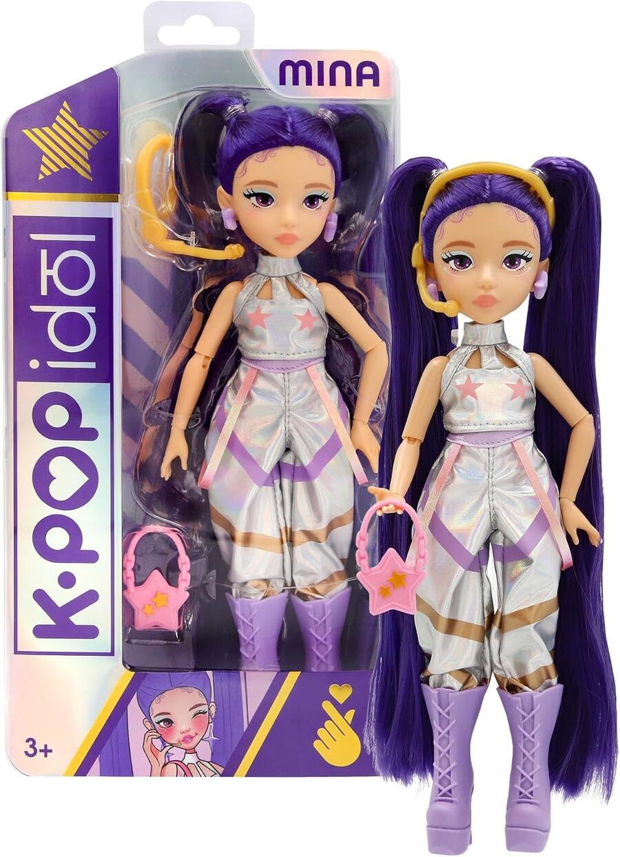 K-POP IDOL Bambola Mina Bambole alla moda Stile K-Pop Starlight, capelli viola con codini. 3 accessori per creare outfit Età 3+