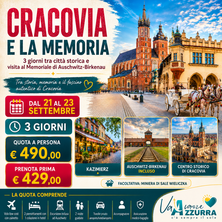  21 SETTEMBRE 2026 | CRACOVIA | 3 GIORNI  TOUR DI GRUPPO