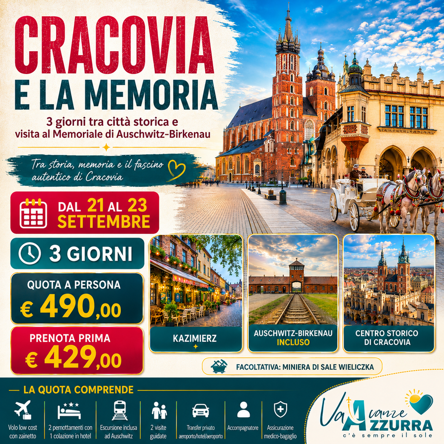  21 SETTEMBRE 2026 | CRACOVIA | 3 GIORNI  TOUR DI GRUPPO