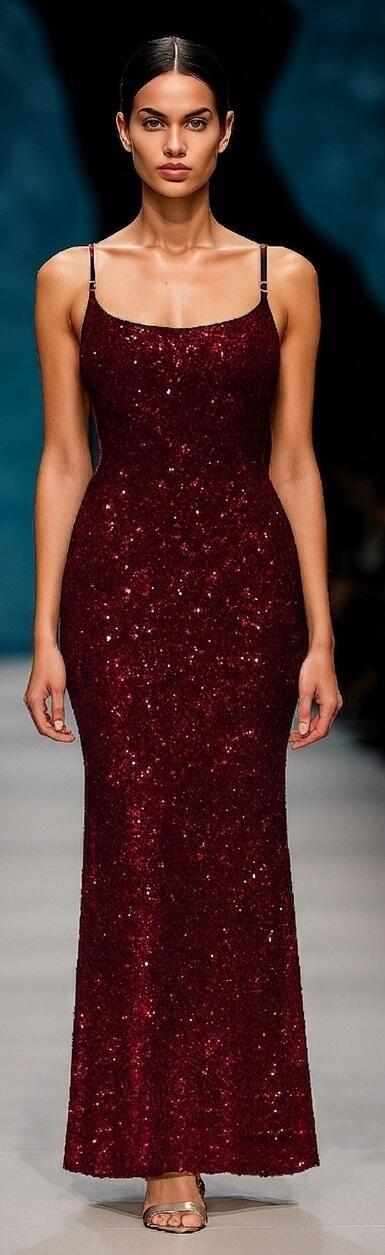 0969 Abito lungo in micropaillettes bordeaux con spalline fini