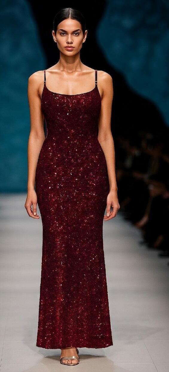 0969 Bordeaux Long dress whit micro-sequins and thin shoulder straps