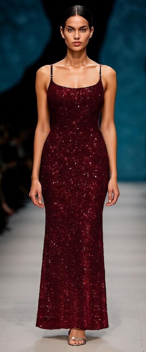 0969 Bordeaux Long dress whit micro-sequins and thin shoulder straps