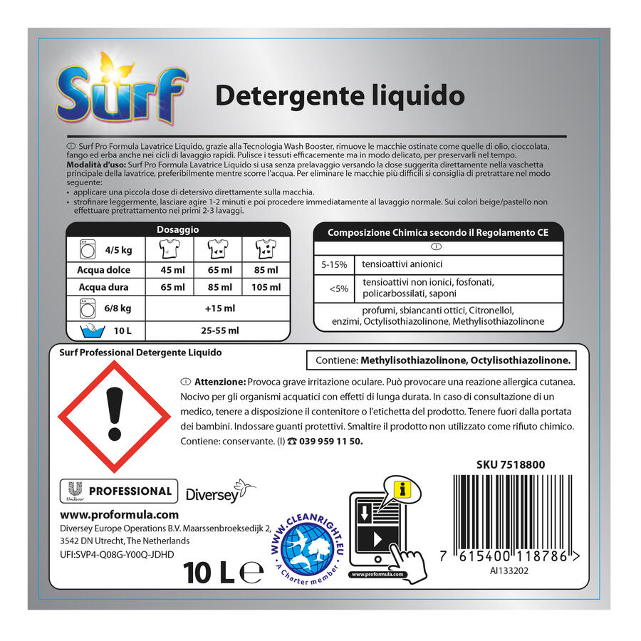 Detersivo Liquido per Lavatrice 10 lt SURF