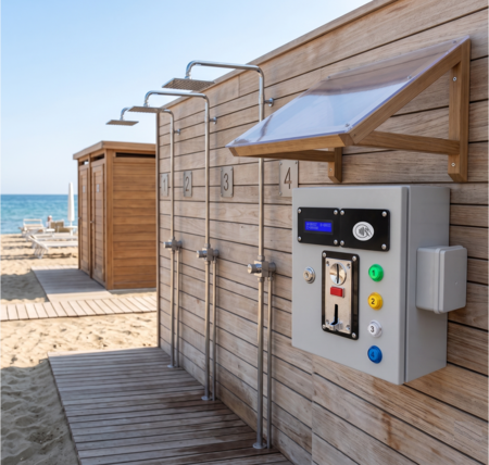 4 SHOWERS – Multi-Coin Acceptor + Rechargeable RFID Card Reader + 12Vdc Solenoid Valves