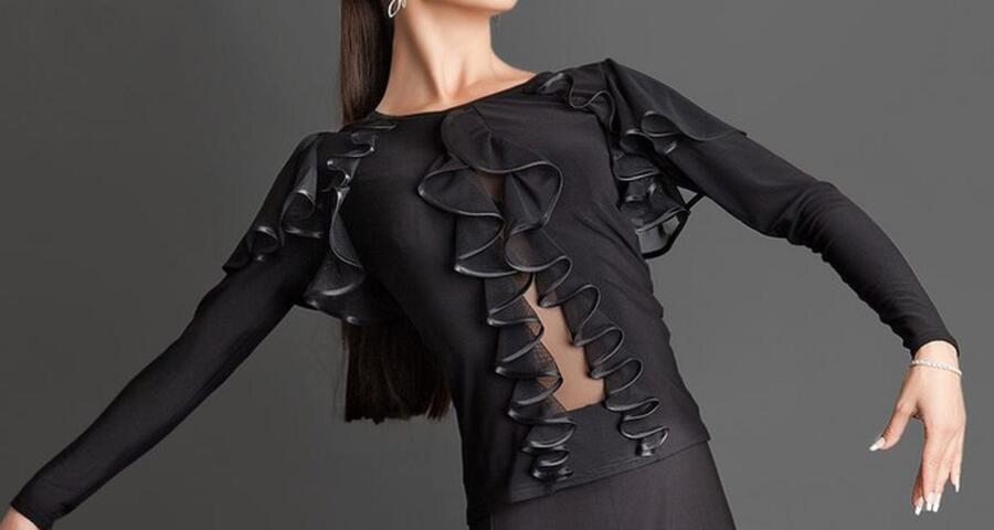 Maglia elastica con maniche volant e inserti in tulle trasparente U243