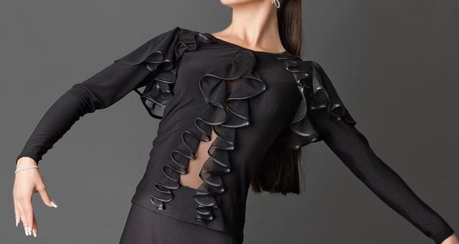 Maglia elastica con maniche volant e inserti in tulle trasparente U243