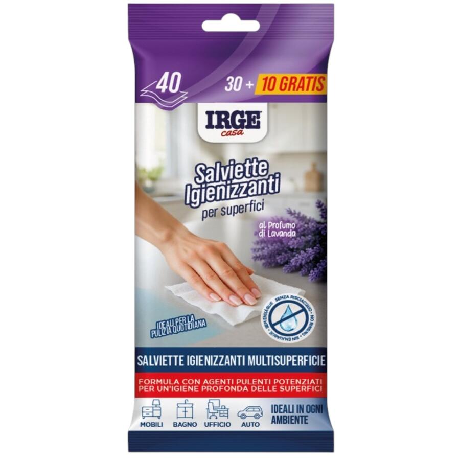 IRGE SALVIETTE IGIENIZZANTI PER SUPERFICI 40 PEZZI LAVANDA (Confezione da 12 pezzi)