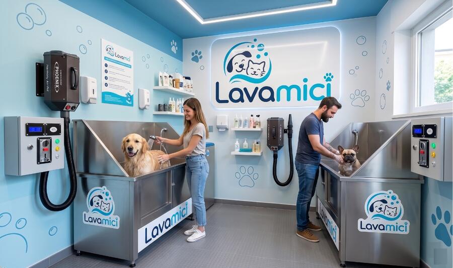 Attrezzature per Toelettatura Self-Service con 2 Vasche Grandi, POS, Gettoniere, Phon e Distributore Prodotti