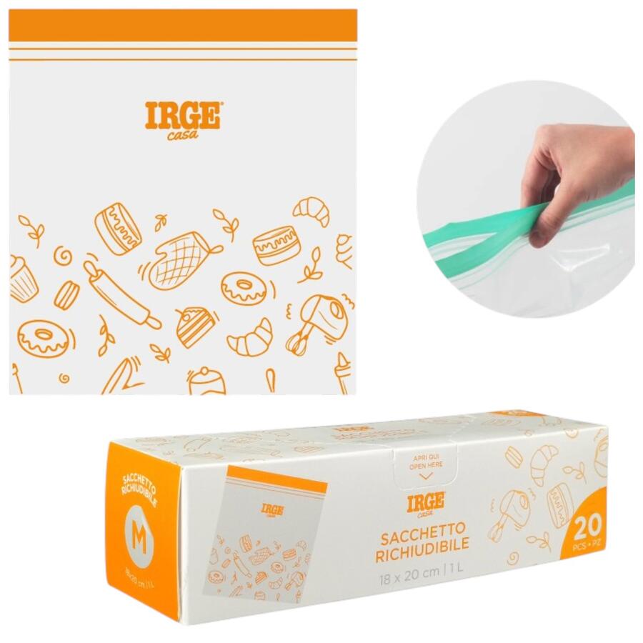 IRGE SACCHETTO RICHIUDIBILE CON ZIP 20 PEZZI 18X20 CM (Confezione da 12 pezzi) 