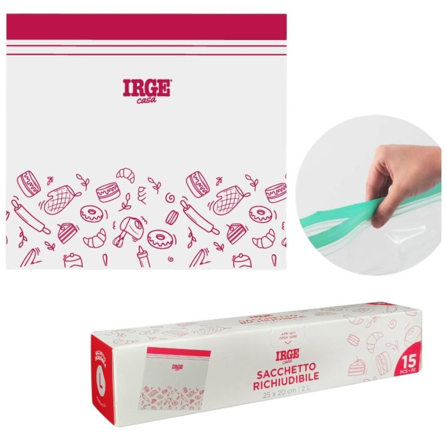 IRGE SACCHETTO RICHIUDIBILE CON ZIP 15 PEZZI 25X20 CM (Confezione da 12 pezzi) 