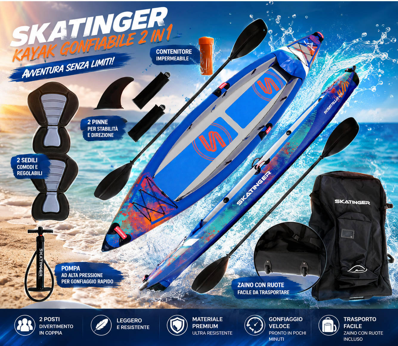 Kayak gonfiabile biposto SKF Skatinger Interstellar - 410 cm - completo accessori