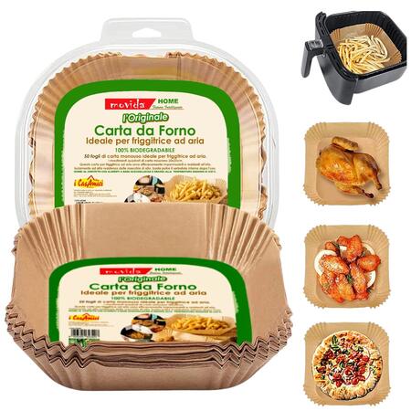 MOVIDA CARTA FORNO PER FRIGGITRICE AD ARIA 50 PEZZI 20X20X4,5 CM (Confezione da 12 pezzi) 