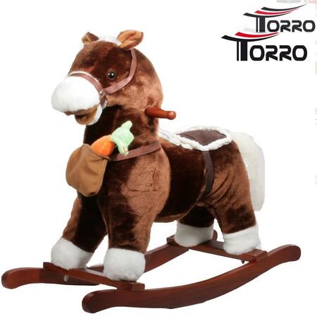 Cavallo a Dondolo "Con Borsa e Carota" in Legno Naturale e Tessuto Colore Marrone Movimento Bocca di Torro SOTTOCOSTO