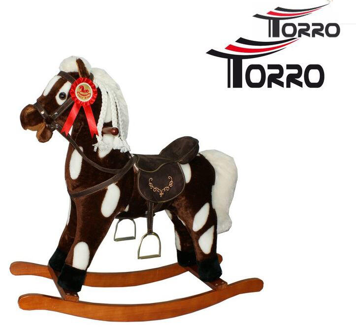 Cavallo a Dondolo "Brown" in Legno Naturale e Tessuto Colore Marrone e Bianco Movimento Bocca di Torro  SOTTOCOSTO