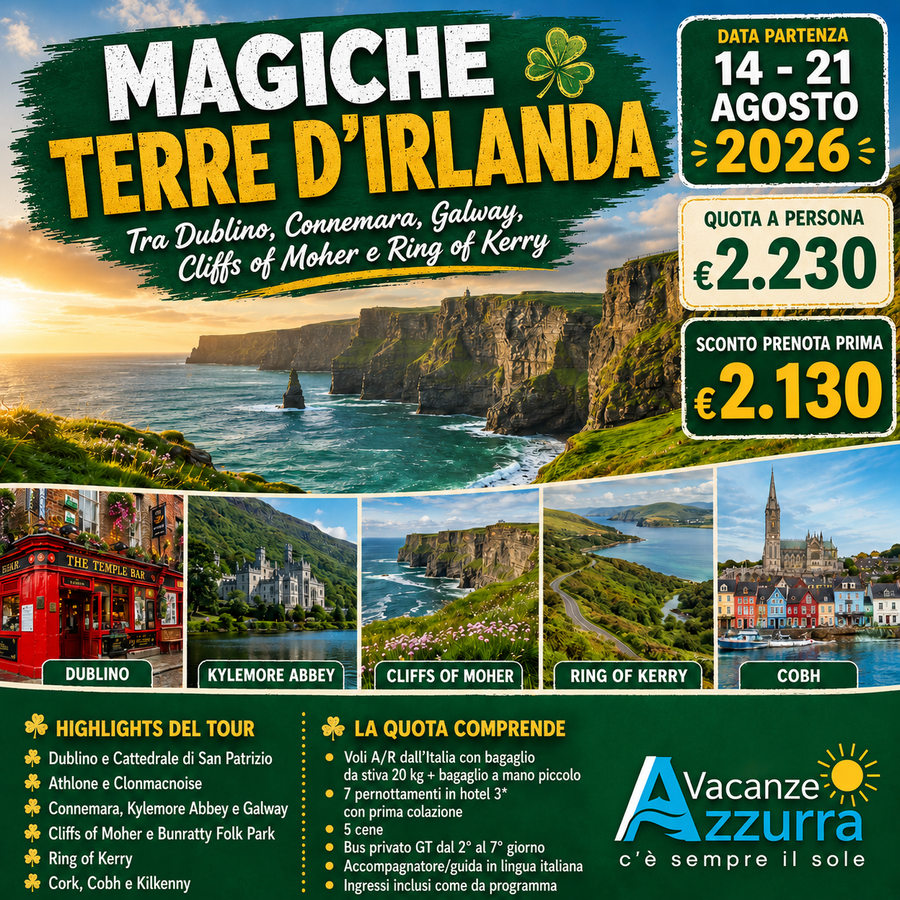14 AGOSTO 2026 TOUR 8 GIORNI MAGICHE TERRE D'IRLANDA
