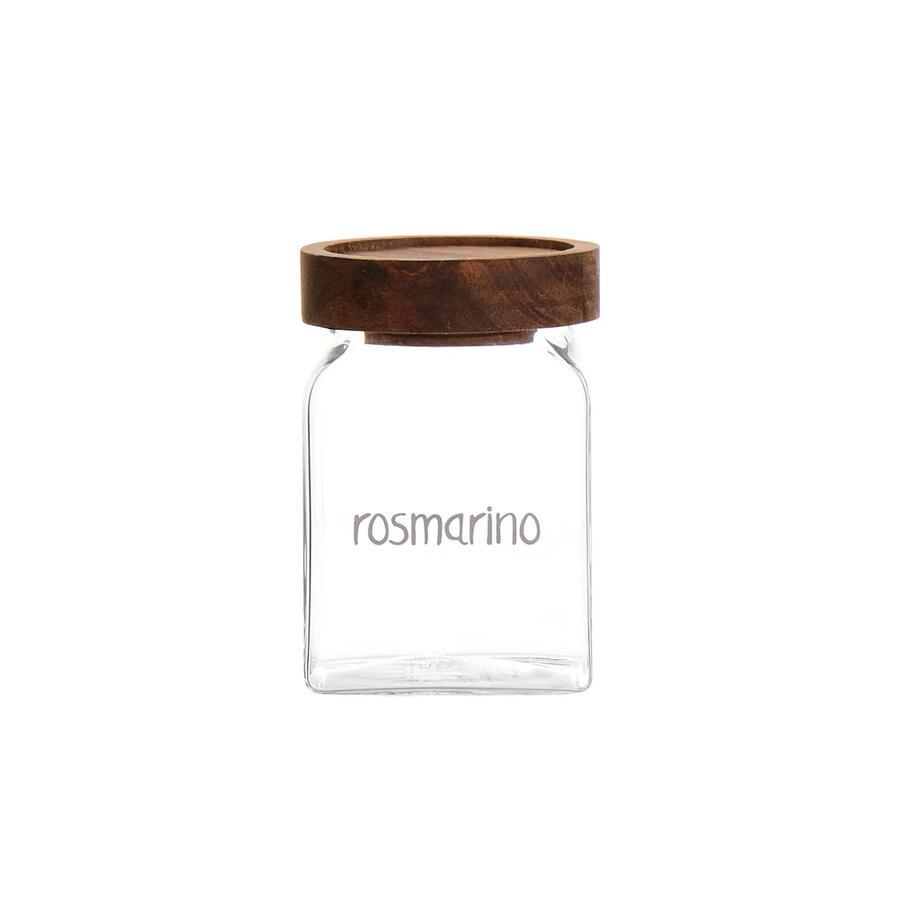 Simple Day barattolo spezie rosmarino 6x6x9 cm in vetro e acacia.