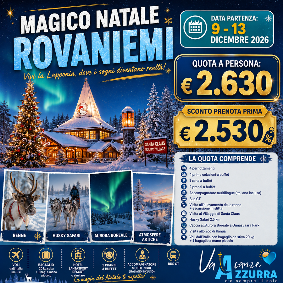 9 DICEMBRE 2026 TOUR 5 GIORNI NATALE A ROVANIEMI