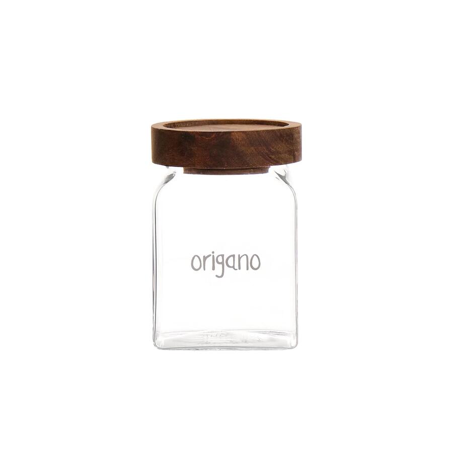 Simple Day barattolo spezie origano 6x6x9 cm in vetro e acacia.