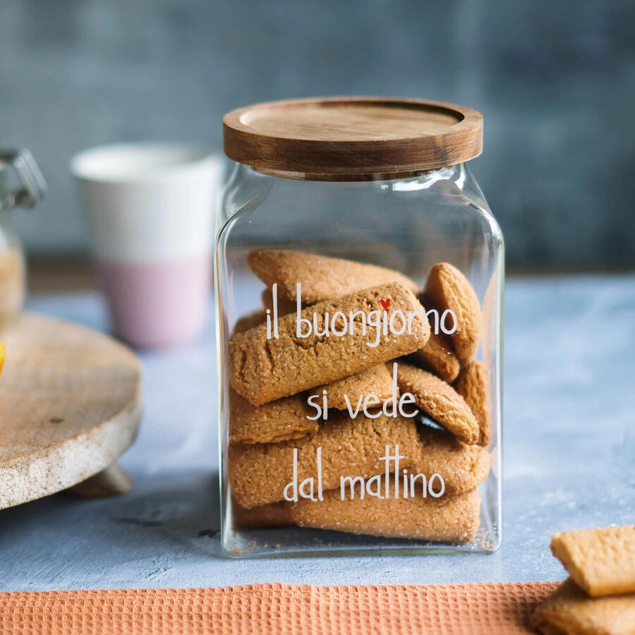 Simple Day barattolo biscotti vetro acacia il buongiorno si vede dal mattino.
