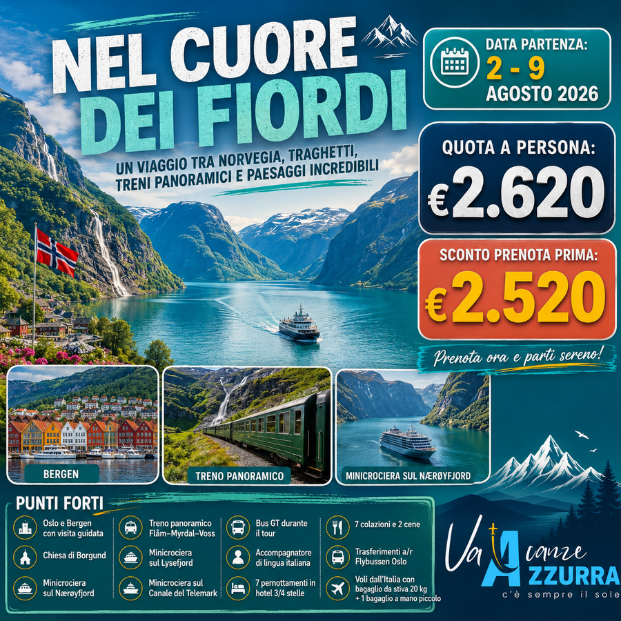 2 AGOSTO 2026 TOUR 8 GIORNI  NEL CUORE DEI FIORDI