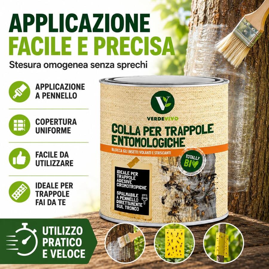Adama Verdevivo Colla Pennellabile per Insetti 750ml - Colla per Trappole Cromotropiche Mosche e Insetti Volanti - Adesivo per Frutteto, Orto e Piante - Rimedio Insetti Striscianti e Giardino