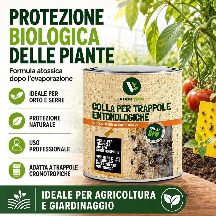Adama Verdevivo Colla Pennellabile per Insetti 750ml - Colla per Trappole Cromotropiche Mosche e Insetti Volanti - Adesivo per Frutteto, Orto e Piante - Rimedio Insetti Striscianti e Giardino