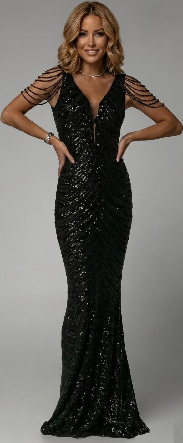 0985 Abito lungo in micropaillettes nero con perline sulle braccia