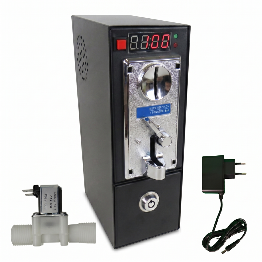Gettoniera per 1 doccia a moneta o gettone con funzione pausa, elettrovalvola 12V e alimentatore incluso