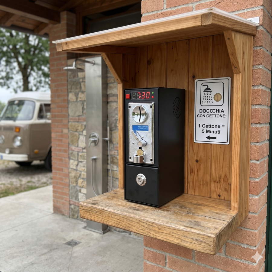 Gettoniera per 1 doccia a moneta o gettone con funzione pausa, elettrovalvola 12V e alimentatore incluso