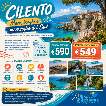 1 AGOSTO 2026 TOUR 4 GIORNI NEL CILENTO