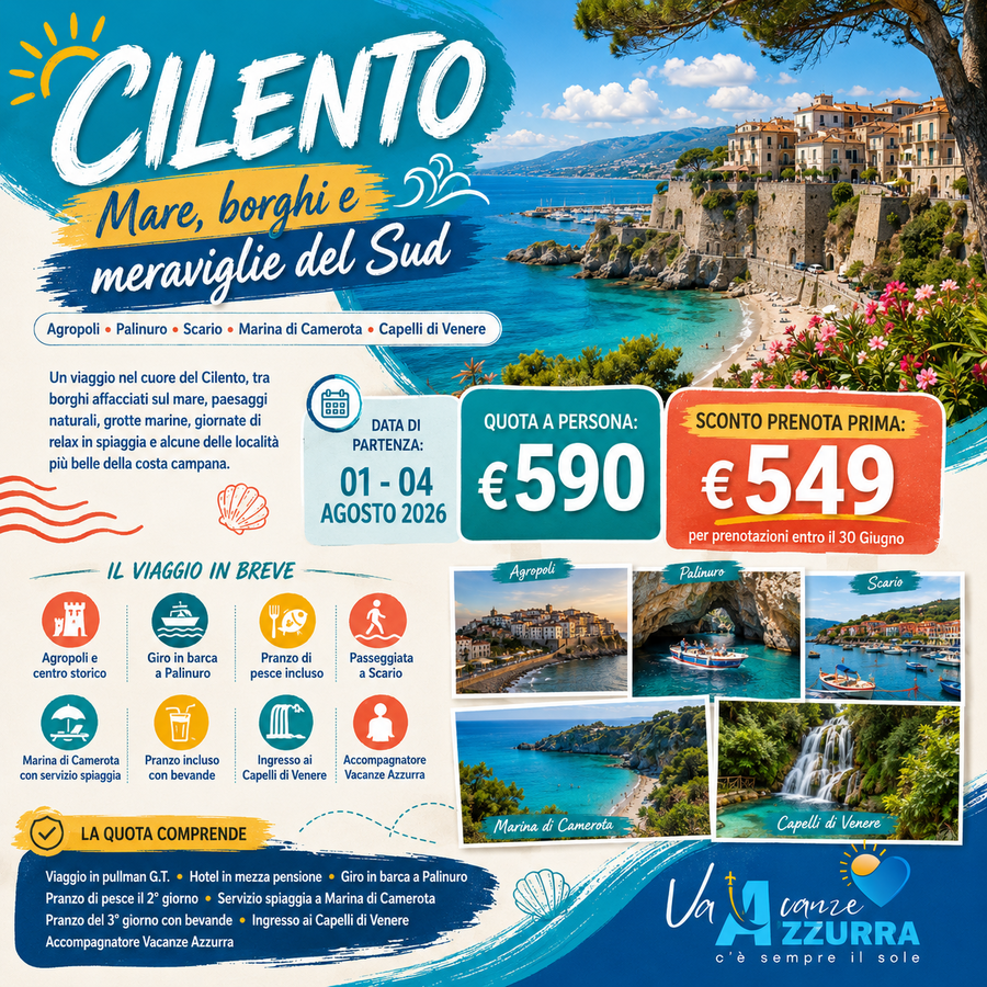 1 AGOSTO 2026 TOUR 4 GIORNI NEL CILENTO