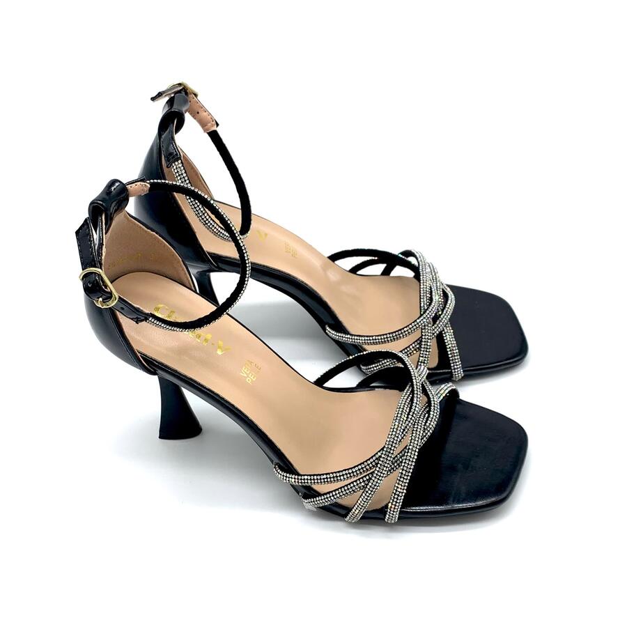 Claud.V sandalo con tacco nero con strass  