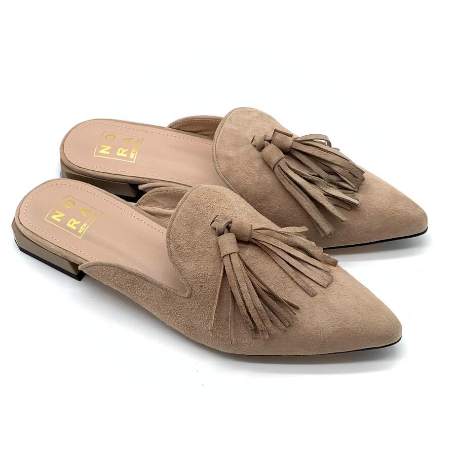 Nora ciabatta camoscio taupe e nappa taupe