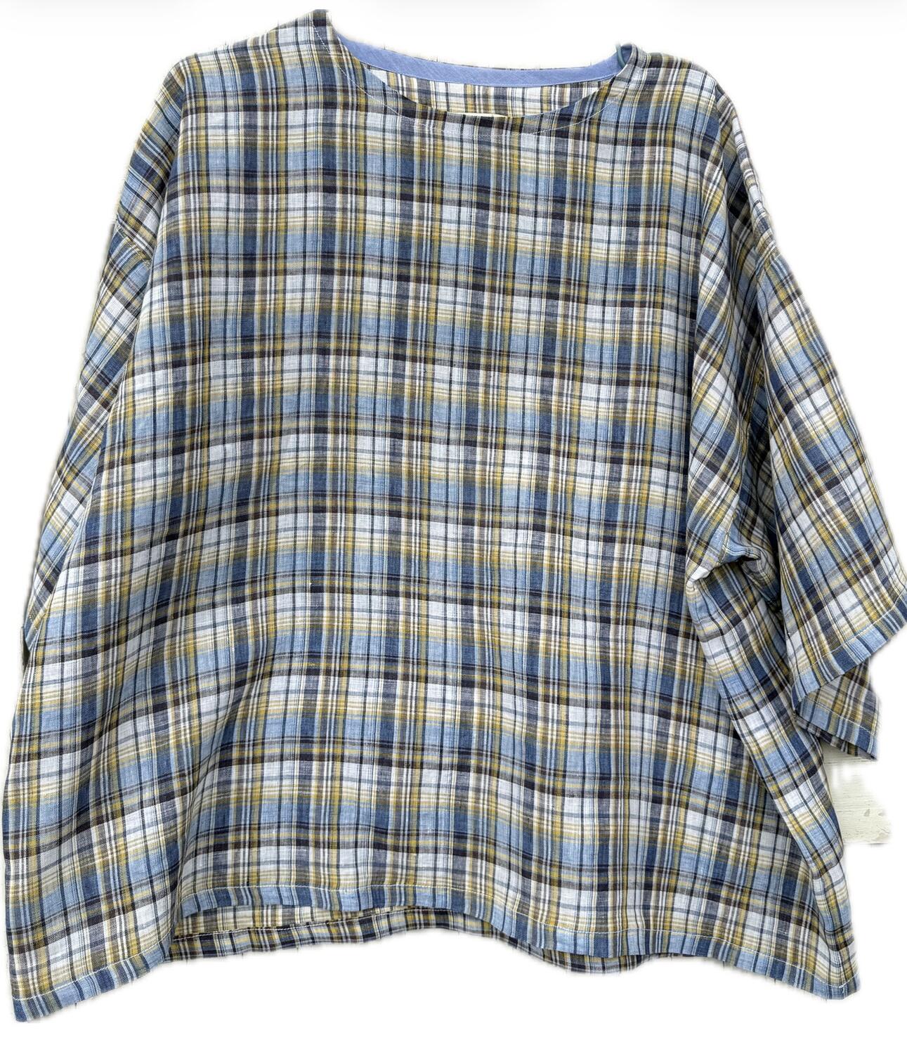 Camicia quadri azzurro in lino