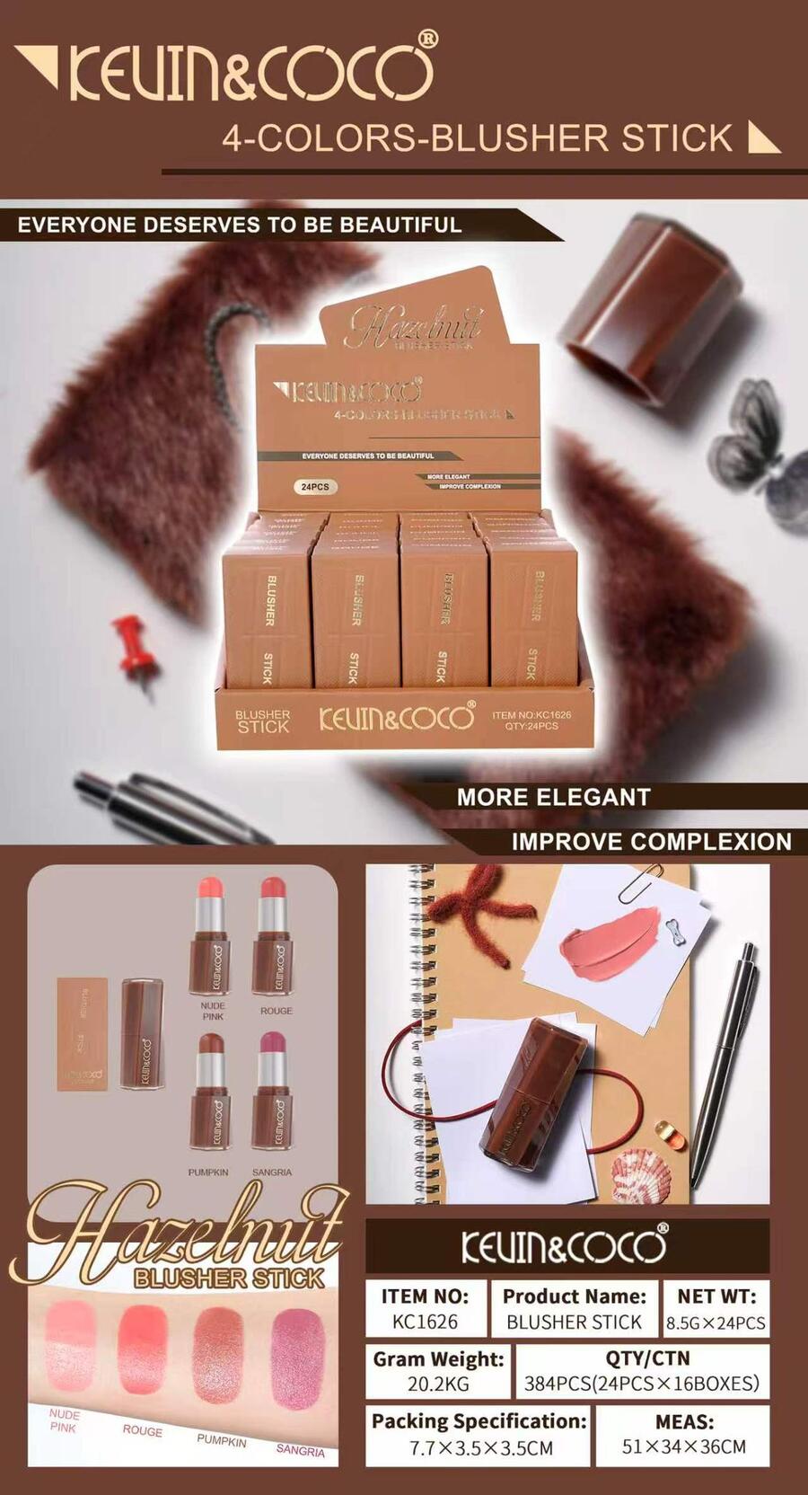 KEVIN&COCO Blusher Stick 4 Colors Hazelnut 
 -Conf.da 24 pezzi