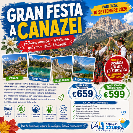 10 SETTEMBRE 2026 TOUR 5 GIORNI VAL DI FASSA E GRAN FESTA DA D’ISTÀ