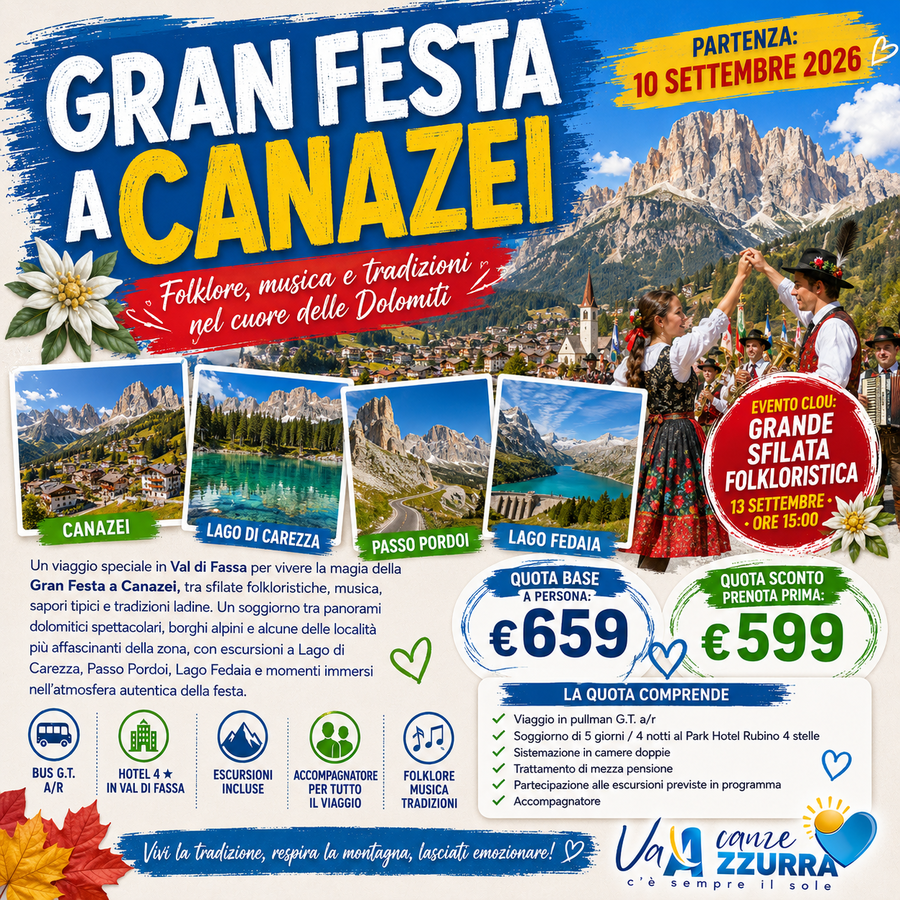  10 SETTEMBRE 2026 TOUR 5 GIORNI VAL DI FASSA E GRAN FESTA DA D’ISTÀ