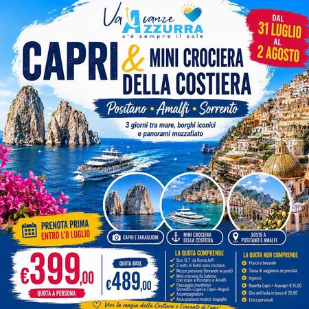 31 LUGLIO 2026 TOUR 3 GIORNI CAPRI E COSTIERA DAL MARE