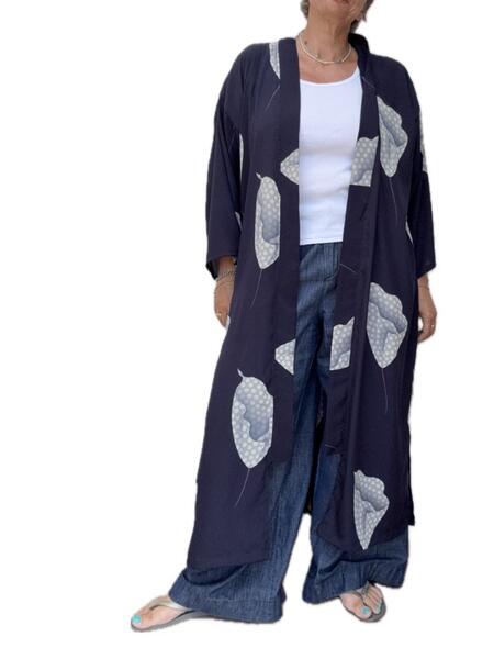 Kimono misto seta fiori grigi
