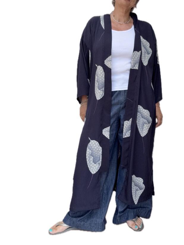 Kimono misto seta fiori grigi