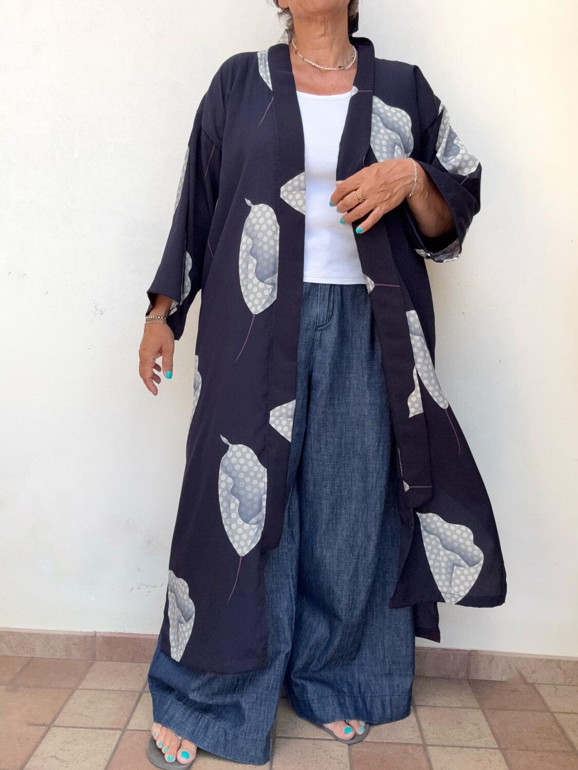 Kimono misto seta fiori grigi