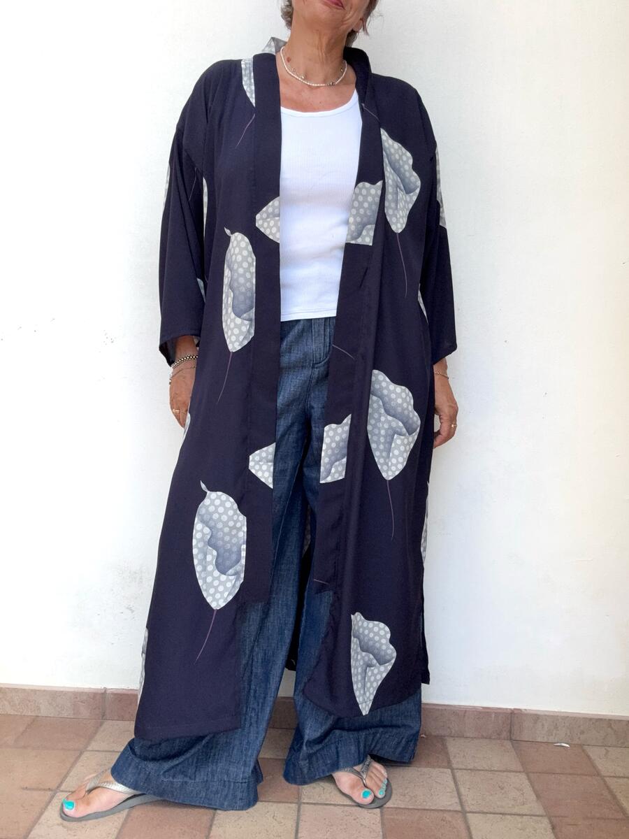 Kimono misto seta fiori grigi