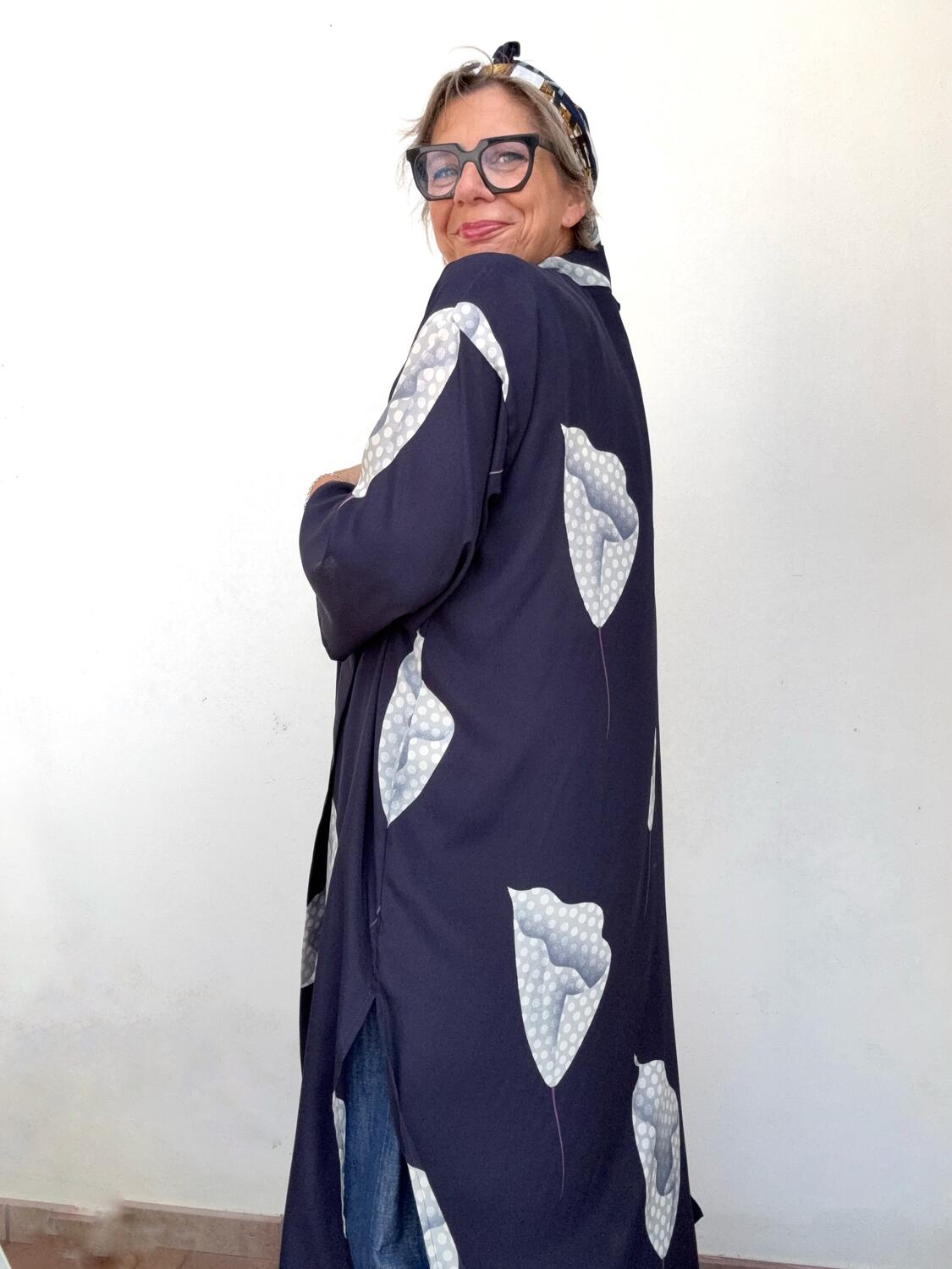 Kimono misto seta fiori grigi