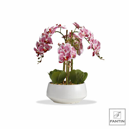 Fantin Argenti – Pianta Orchidea Artificiale Rosa Fucsia 4 Rami Real Touch con Vaso in Ceramica Bianca