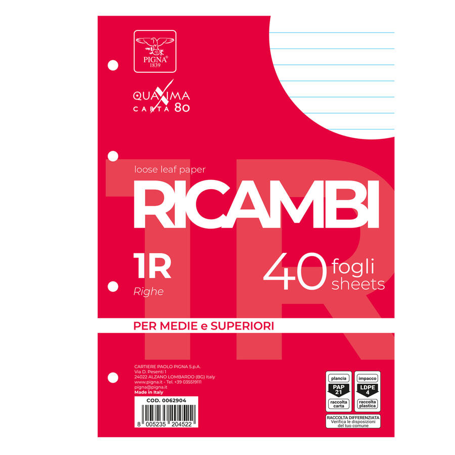Fogli Ricambio Forati QUAXIMA 80 gr PIGNA - conf. 40 fogli