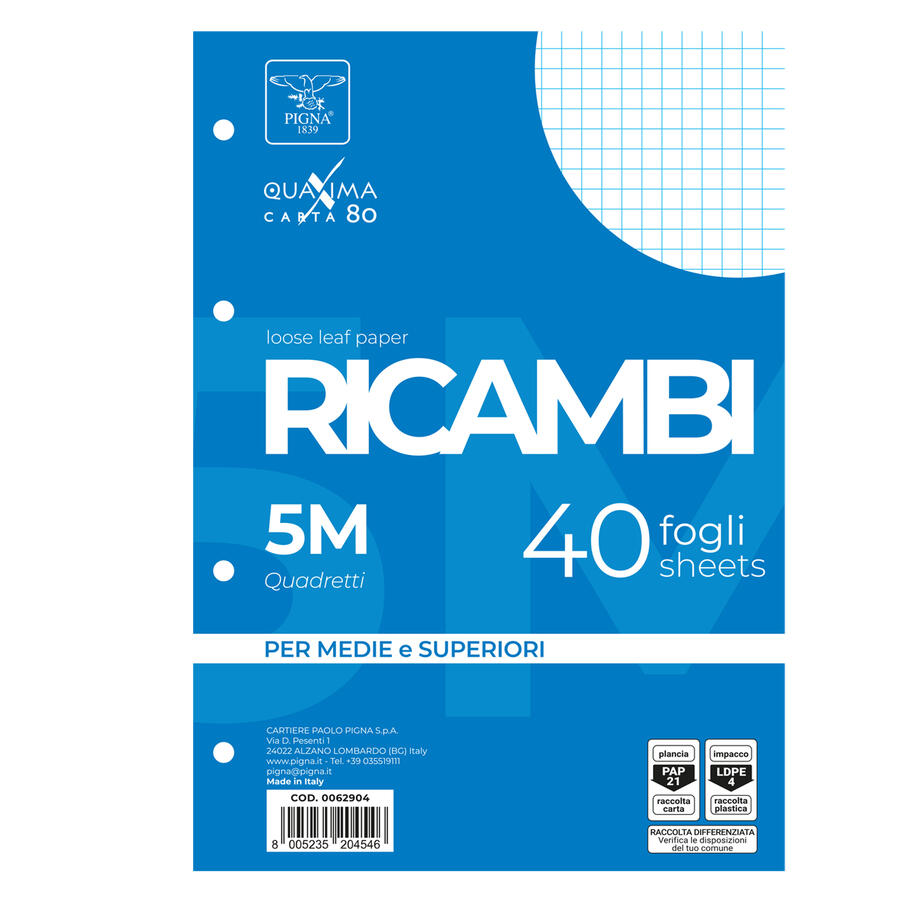 Fogli Ricambio Forati QUAXIMA 80 gr PIGNA - conf. 40 fogli