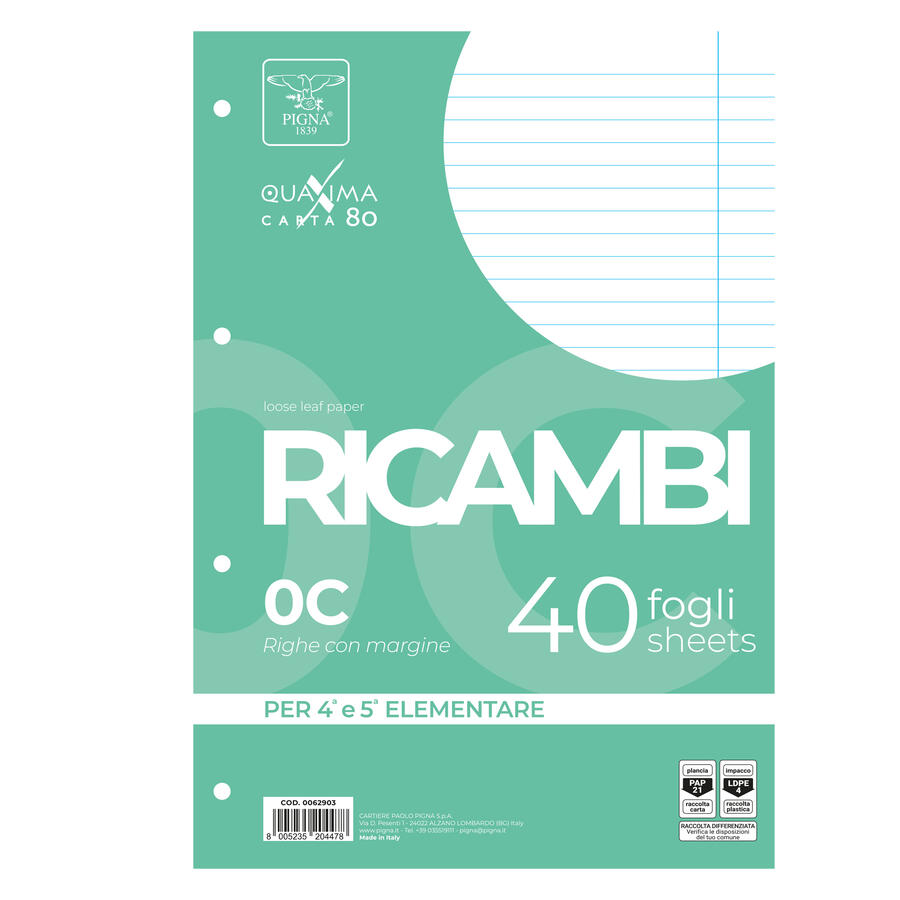 Fogli Ricambio Forati QUAXIMA 80 gr PIGNA - conf. 40 fogli